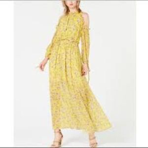 Avec Les Filles Cold Shoulder Maxi Dress Yellow Floral Ruffle Long Size 4